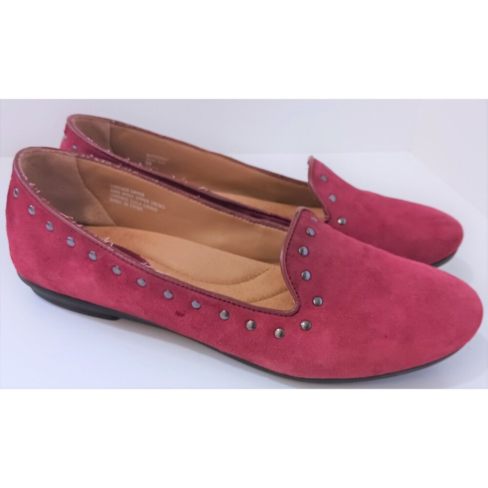 Earth "Butternut" loafer smoking flat in studded Deep Red suede, US women's 9